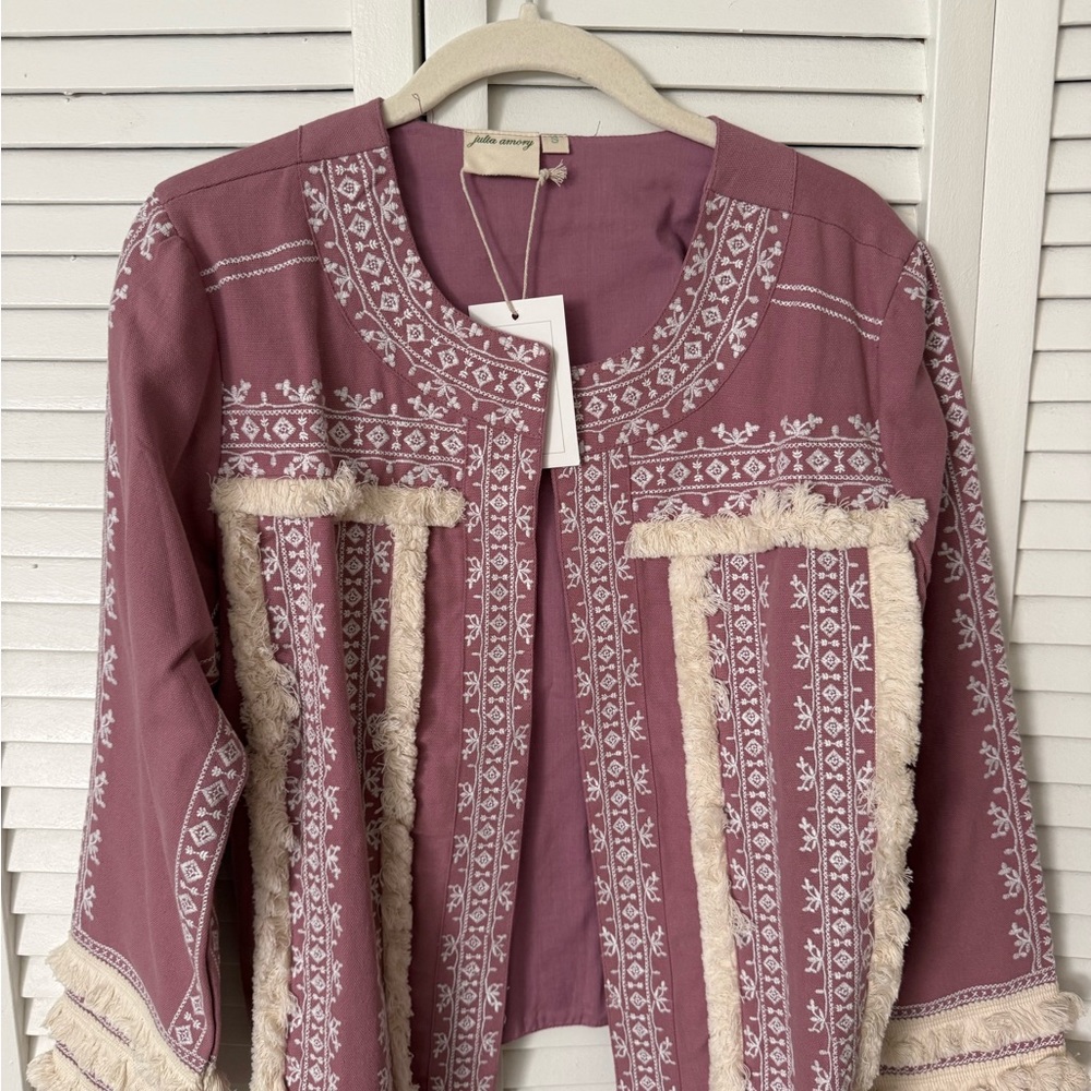 Mauve Embroidered Fringe Jacket